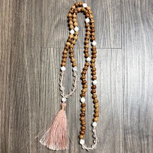 Rose Quartz, Howlite, and Natural Bead Yoga Mala Necklace with Pink Tassel